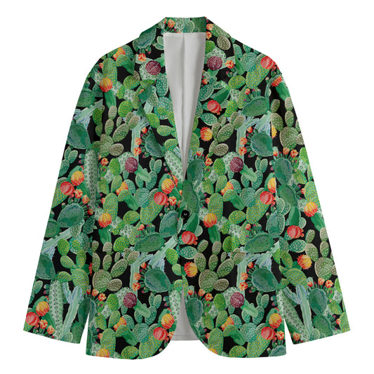 Watercolor Cactus Plant Print Men's Cotton Blazer