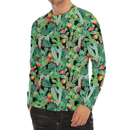 Watercolor Cactus Plant Print Men's Long Sleeve Rash Guard