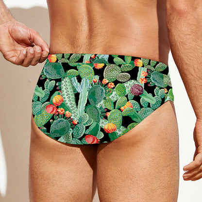 Watercolor Cactus Plant Print Men's Swim Briefs