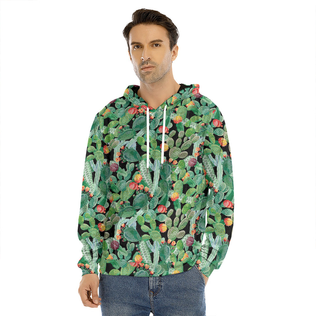 Watercolor Cactus Plant Print Men's Velvet Pullover Hoodie