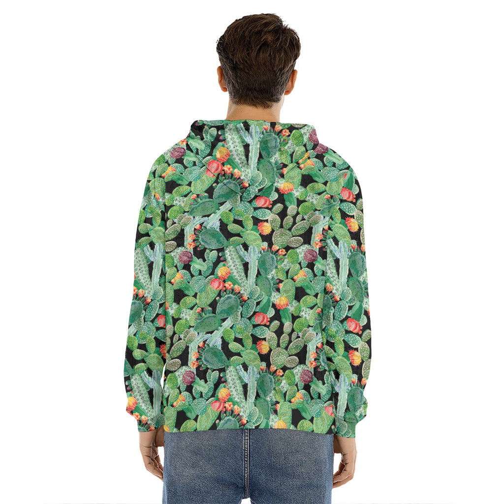 Watercolor Cactus Plant Print Men's Velvet Pullover Hoodie