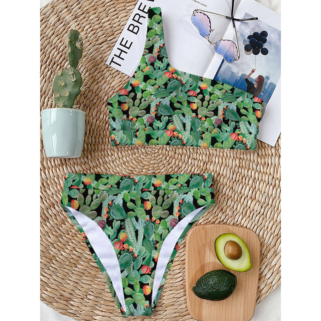 Watercolor Cactus Plant Print One Shoulder Bikini Top