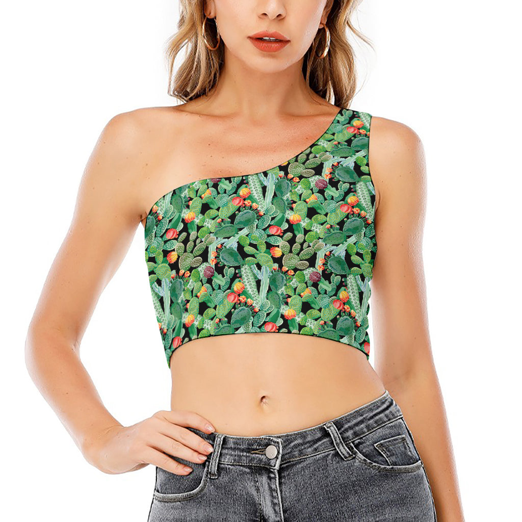 Watercolor Cactus Plant Print One Shoulder Crop Top