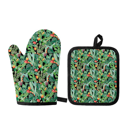 Watercolor Cactus Plant Print Oven Mitt And Pot Holder Set