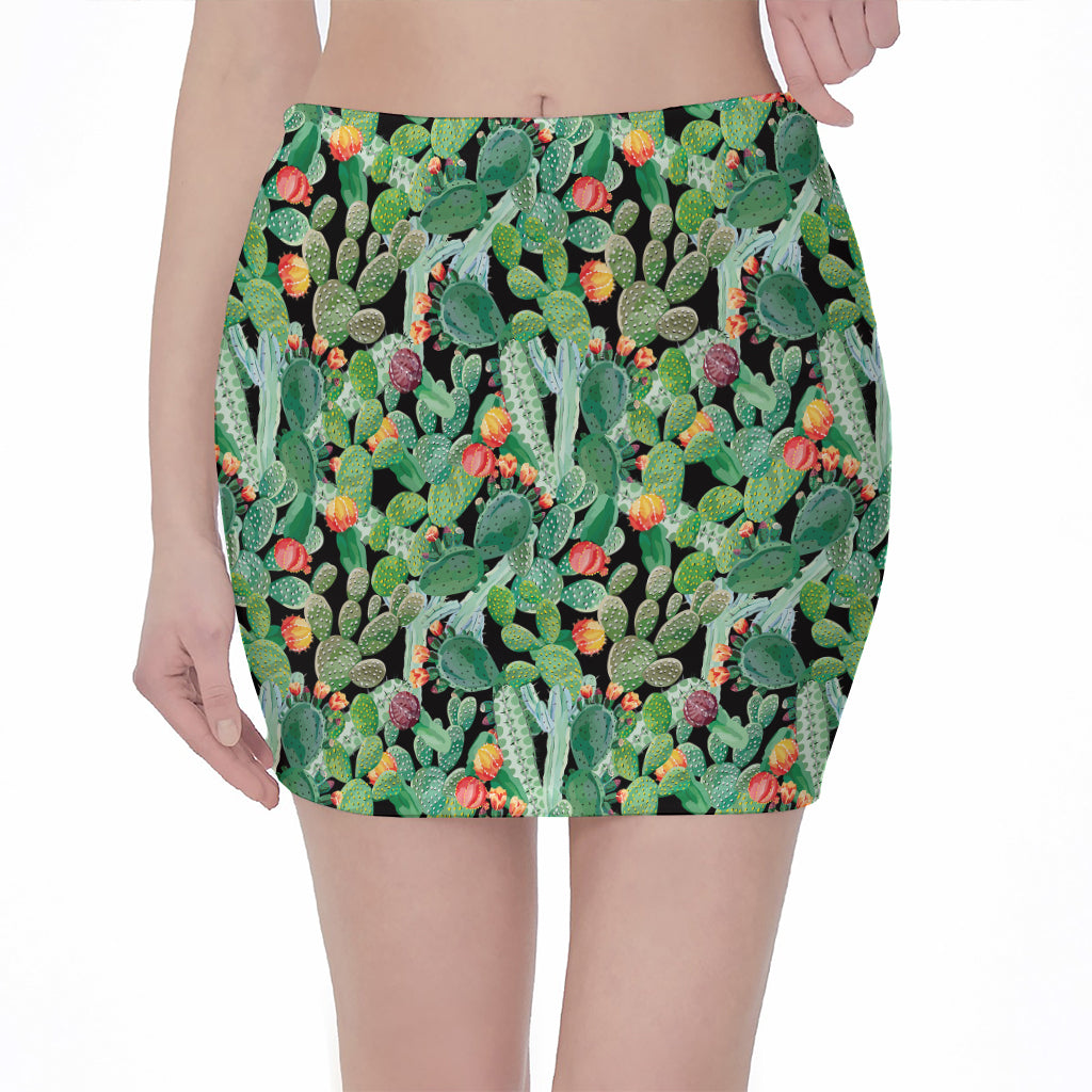 Watercolor Cactus Plant Print Pencil Mini Skirt