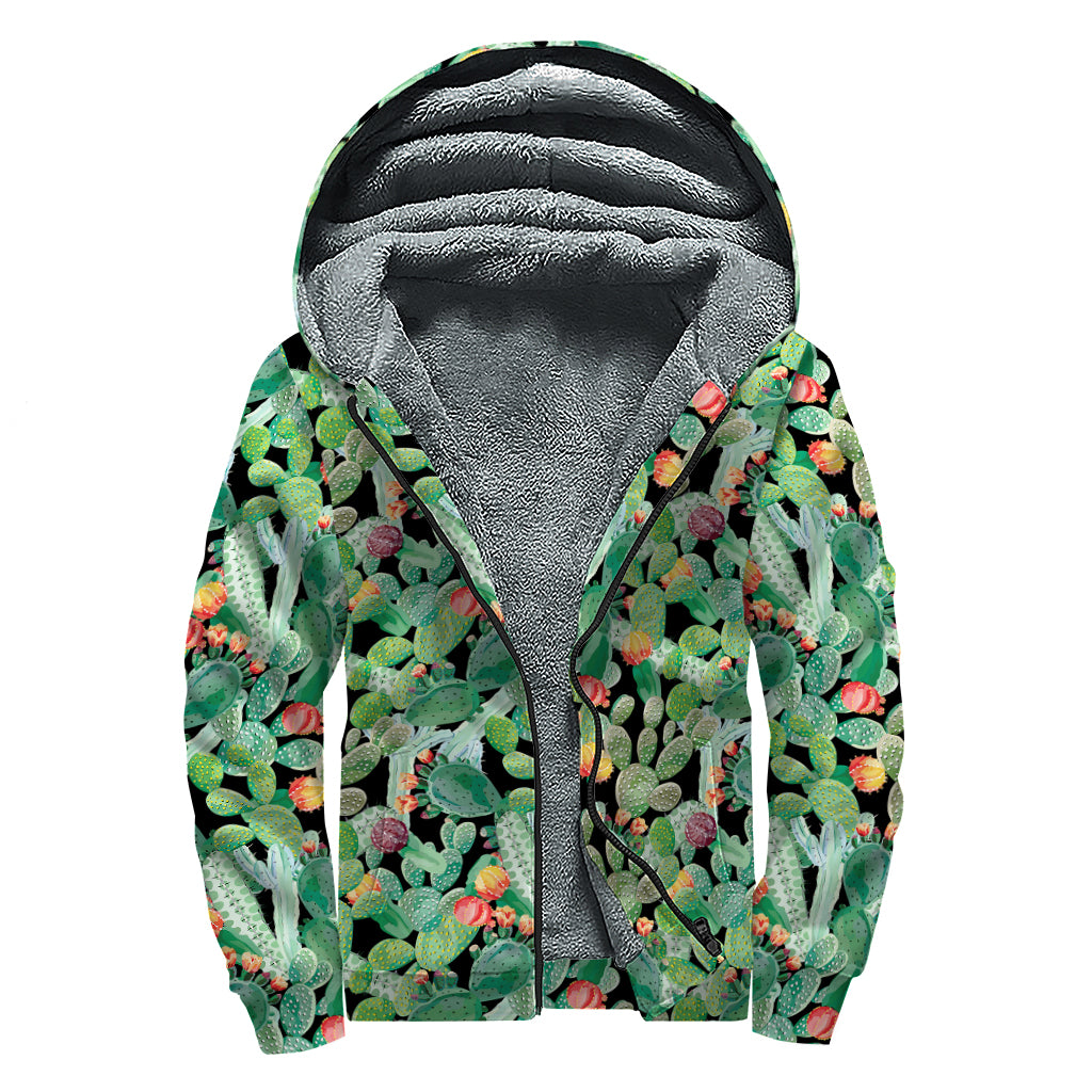 Watercolor Cactus Plant Print Sherpa Lined Zip Up Hoodie