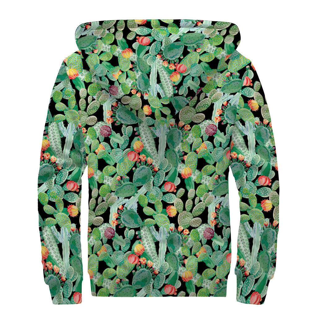 Watercolor Cactus Plant Print Sherpa Lined Zip Up Hoodie