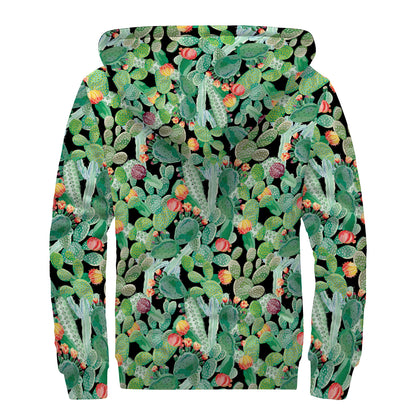 Watercolor Cactus Plant Print Sherpa Lined Zip Up Hoodie
