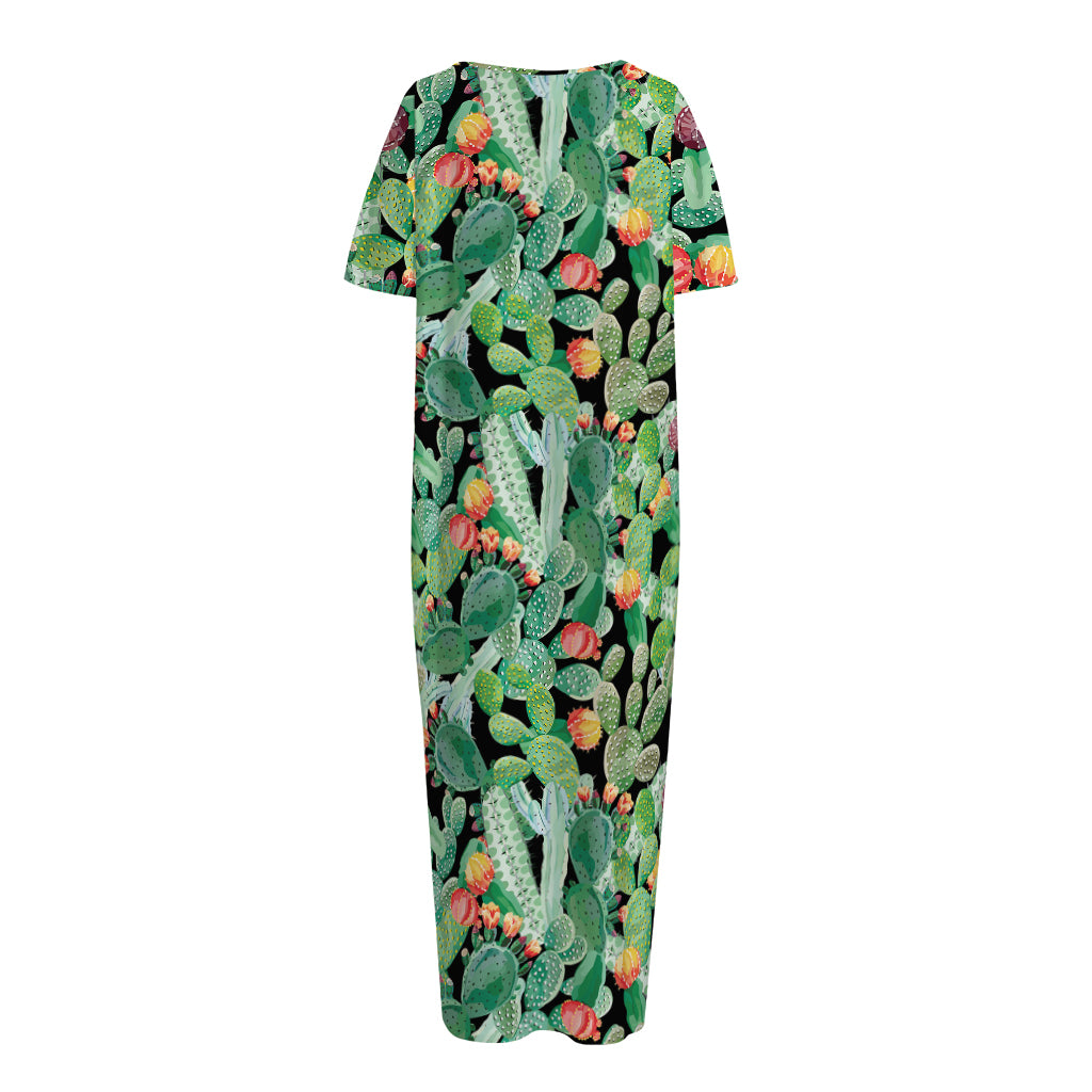Watercolor Cactus Plant Print Short Sleeve Long Nightdress
