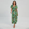 Watercolor Cactus Plant Print Short Sleeve Maxi Dress