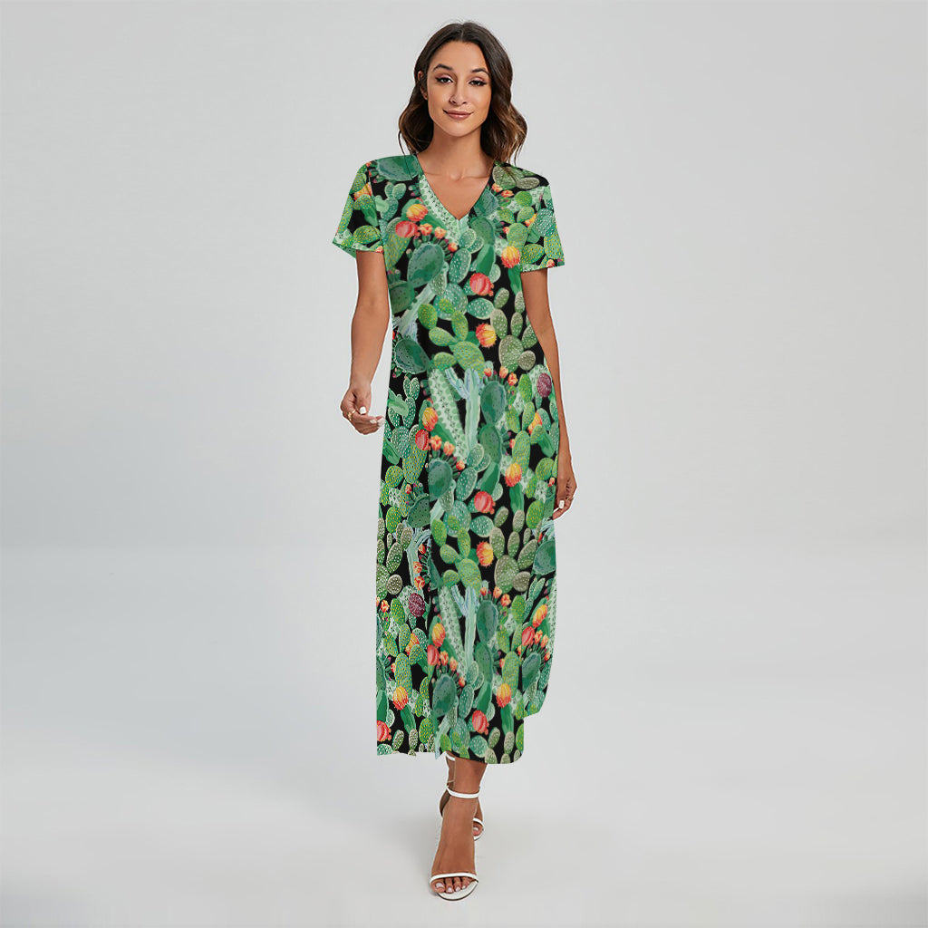 Watercolor Cactus Plant Print Short Sleeve Maxi Dress