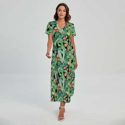 Watercolor Cactus Plant Print Short Sleeve Maxi Dress