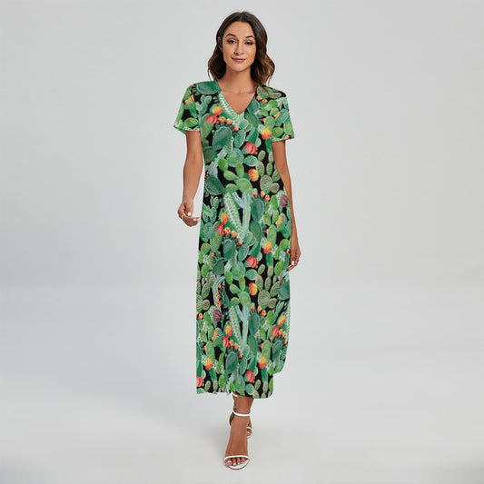 Watercolor Cactus Plant Print Short Sleeve Maxi Dress