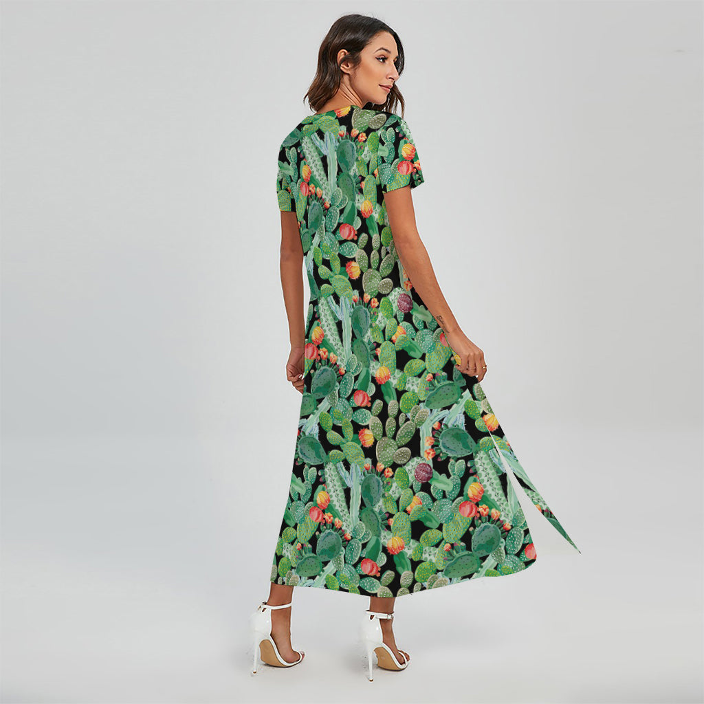 Watercolor Cactus Plant Print Short Sleeve Maxi Dress