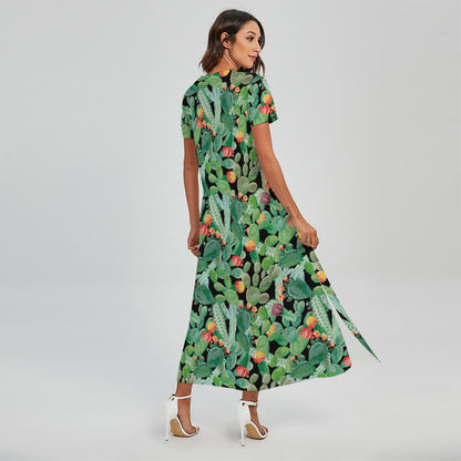 Watercolor Cactus Plant Print Short Sleeve Maxi Dress