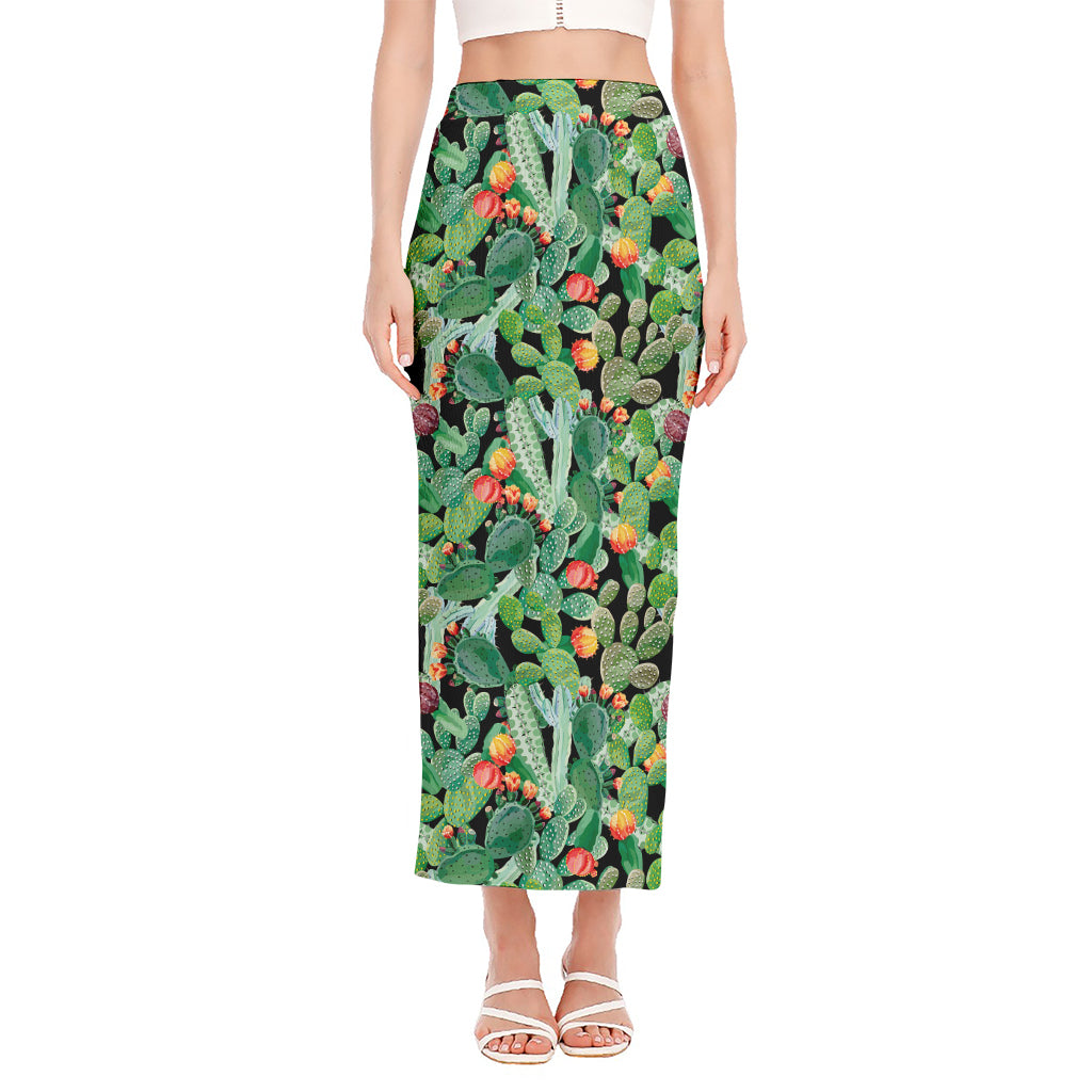 Watercolor Cactus Plant Print Side Slit Maxi Skirt