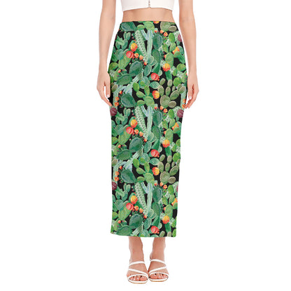 Watercolor Cactus Plant Print Side Slit Maxi Skirt
