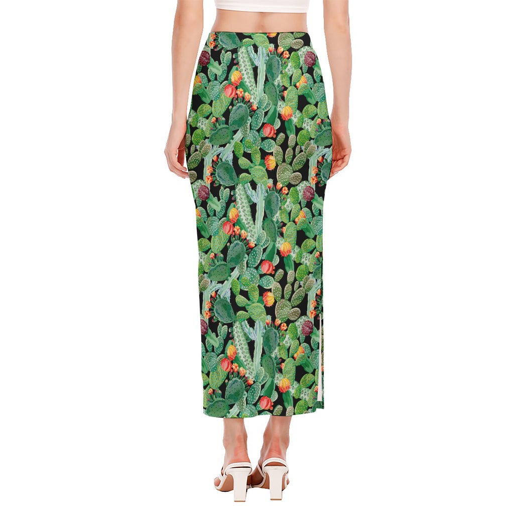 Watercolor Cactus Plant Print Side Slit Maxi Skirt