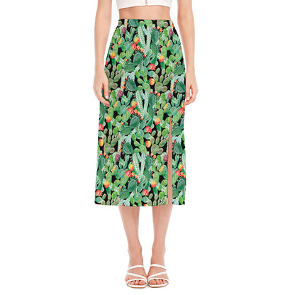 Watercolor Cactus Plant Print Side Slit Midi Skirt