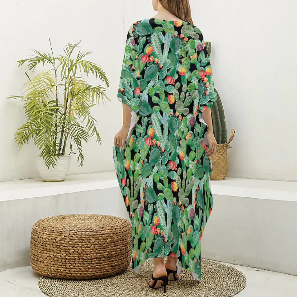 Watercolor Cactus Plant Print Silk V-Neck Kaftan Dress