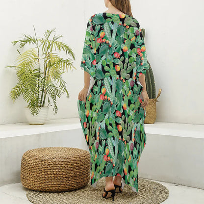 Watercolor Cactus Plant Print Silk V-Neck Kaftan Dress