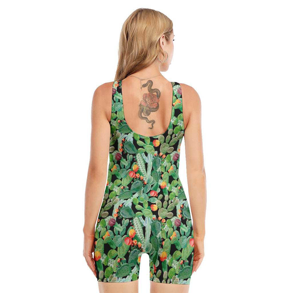 Watercolor Cactus Plant Print Sleeveless One Piece Swimsuit