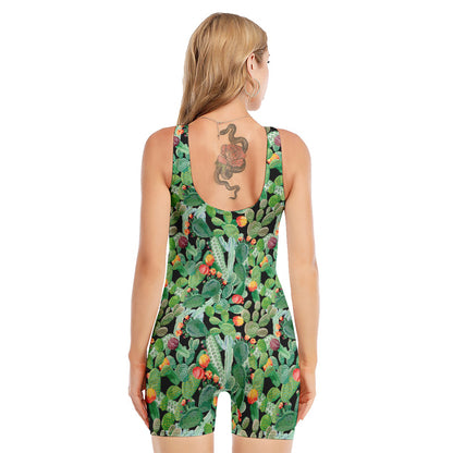 Watercolor Cactus Plant Print Sleeveless One Piece Swimsuit