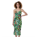 Watercolor Cactus Plant Print Slim Fit Midi Cami Dress