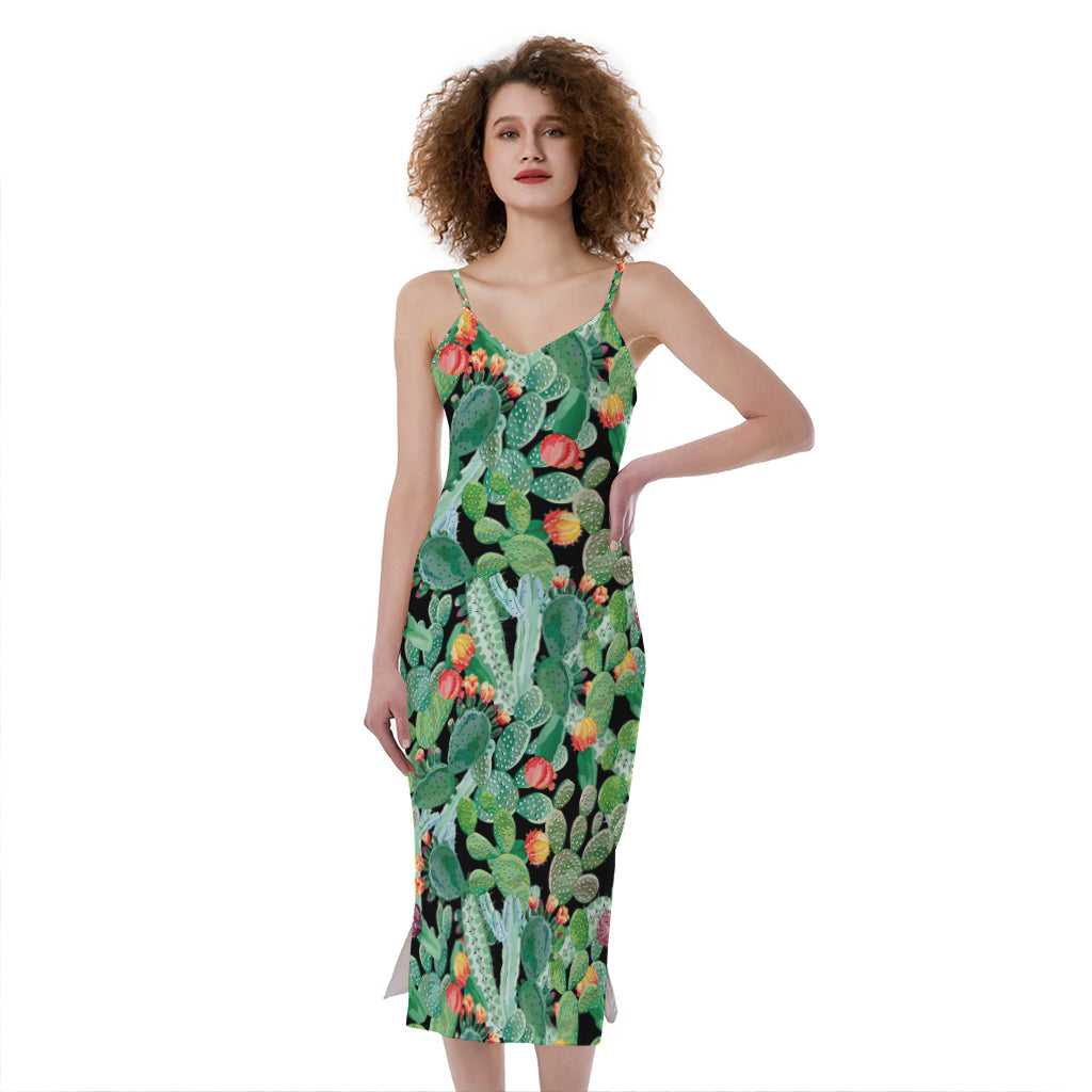 Watercolor Cactus Plant Print Slim Fit Midi Cami Dress