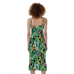 Watercolor Cactus Plant Print Slim Fit Midi Cami Dress