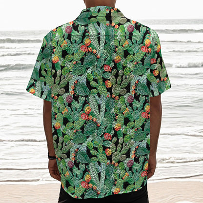 Watercolor Cactus Plant Print Textured Short Sleeve Shirt