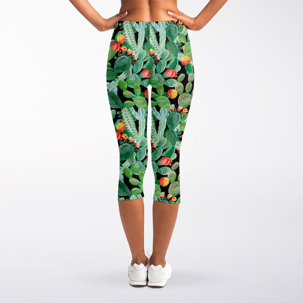 Watercolor Cactus Plant Print Women's Capri Leggings