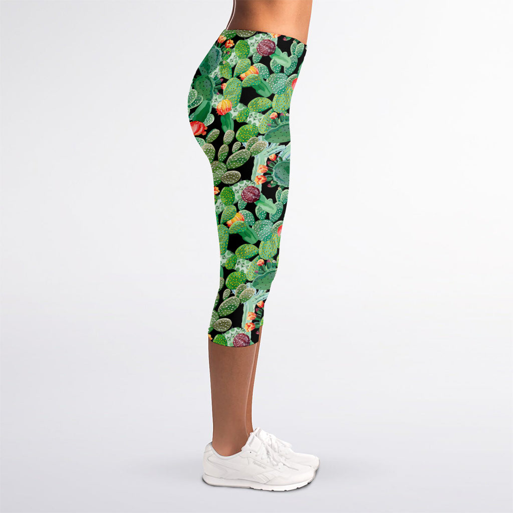 Watercolor Cactus Plant Print Women's Capri Leggings