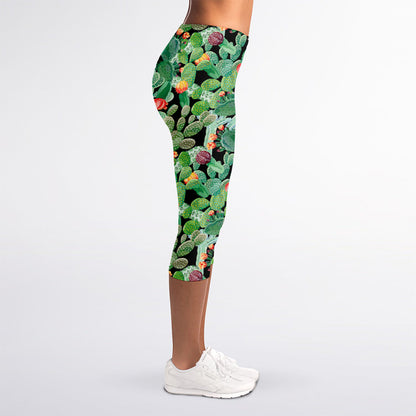 Watercolor Cactus Plant Print Women's Capri Leggings