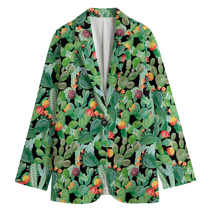 Watercolor Cactus Plant Print Women's Cotton Blazer