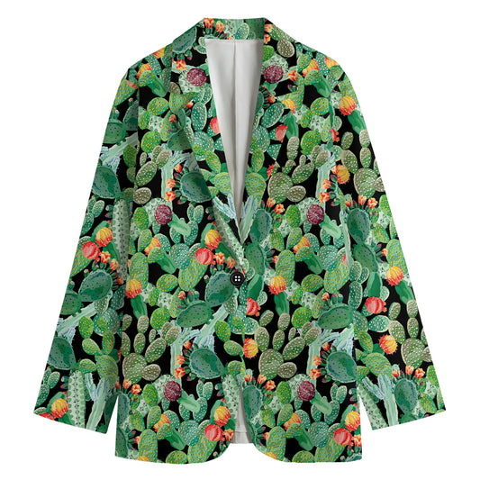 Watercolor Cactus Plant Print Women's Cotton Blazer