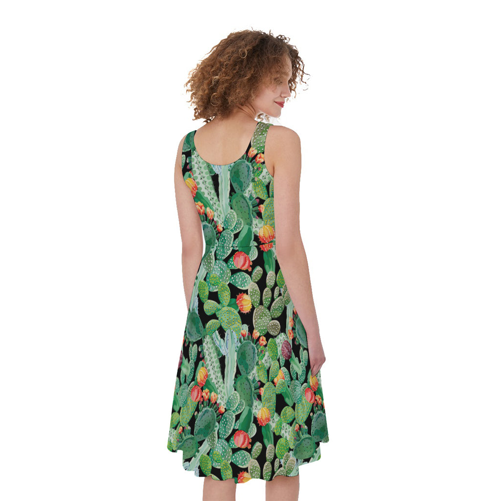 Watercolor Cactus Plant Print Women's Sleeveless Dress