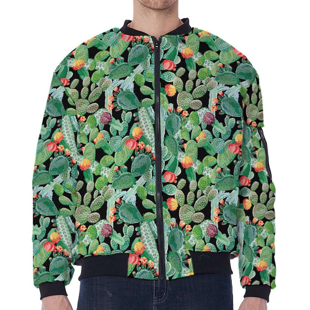 Watercolor Cactus Plant Print Zip Sleeve Bomber Jacket