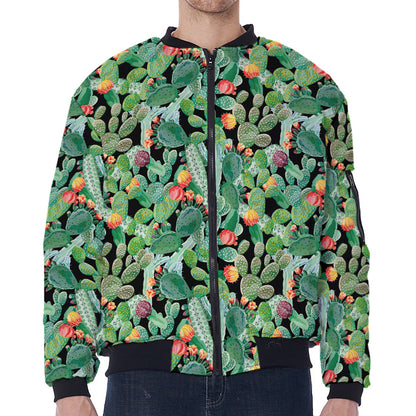 Watercolor Cactus Plant Print Zip Sleeve Bomber Jacket