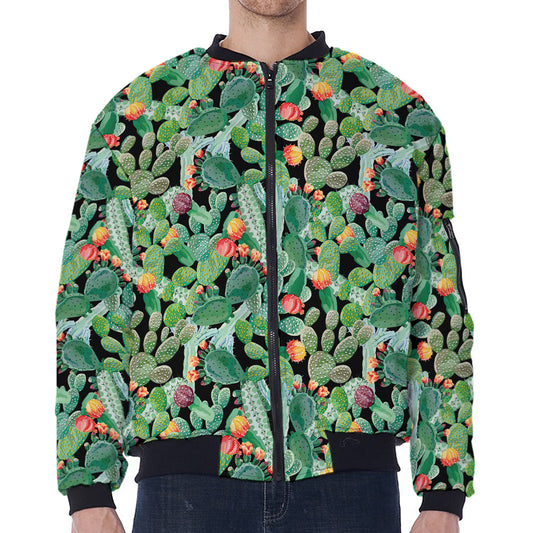 Watercolor Cactus Plant Print Zip Sleeve Bomber Jacket