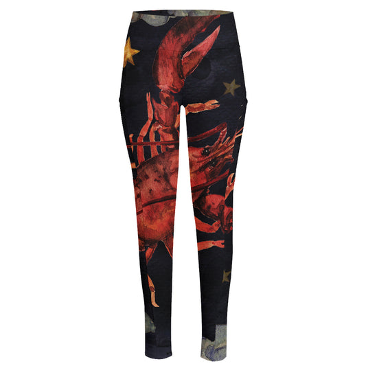 Watercolor Cancer Zodiac Sign Print High-Waisted Pocket Leggings