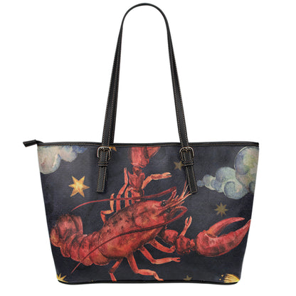 Watercolor Cancer Zodiac Sign Print Leather Tote Bag