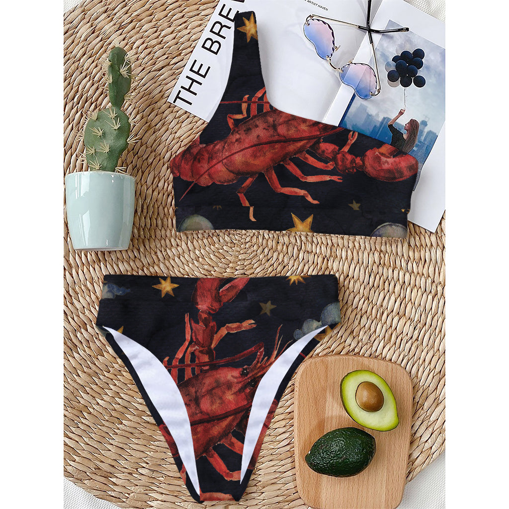 Watercolor Cancer Zodiac Sign Print One Shoulder Bikini Top