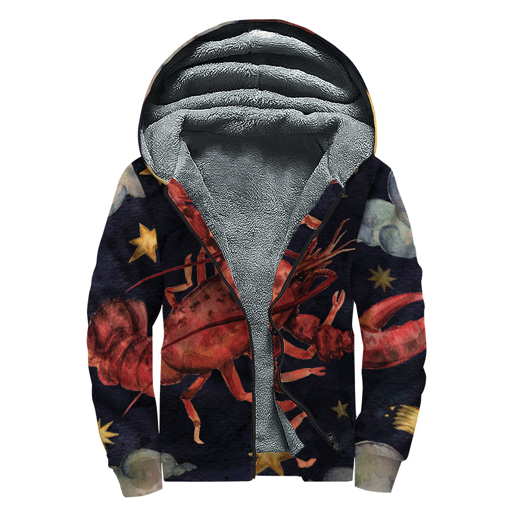 Watercolor Cancer Zodiac Sign Print Sherpa Lined Zip Up Hoodie
