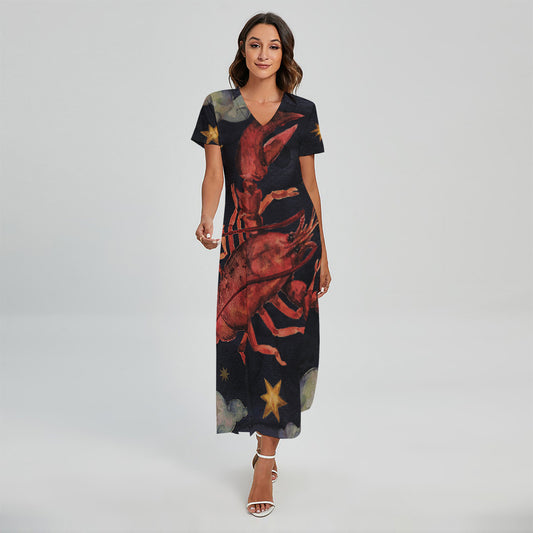 Watercolor Cancer Zodiac Sign Print Short Sleeve Maxi Dress