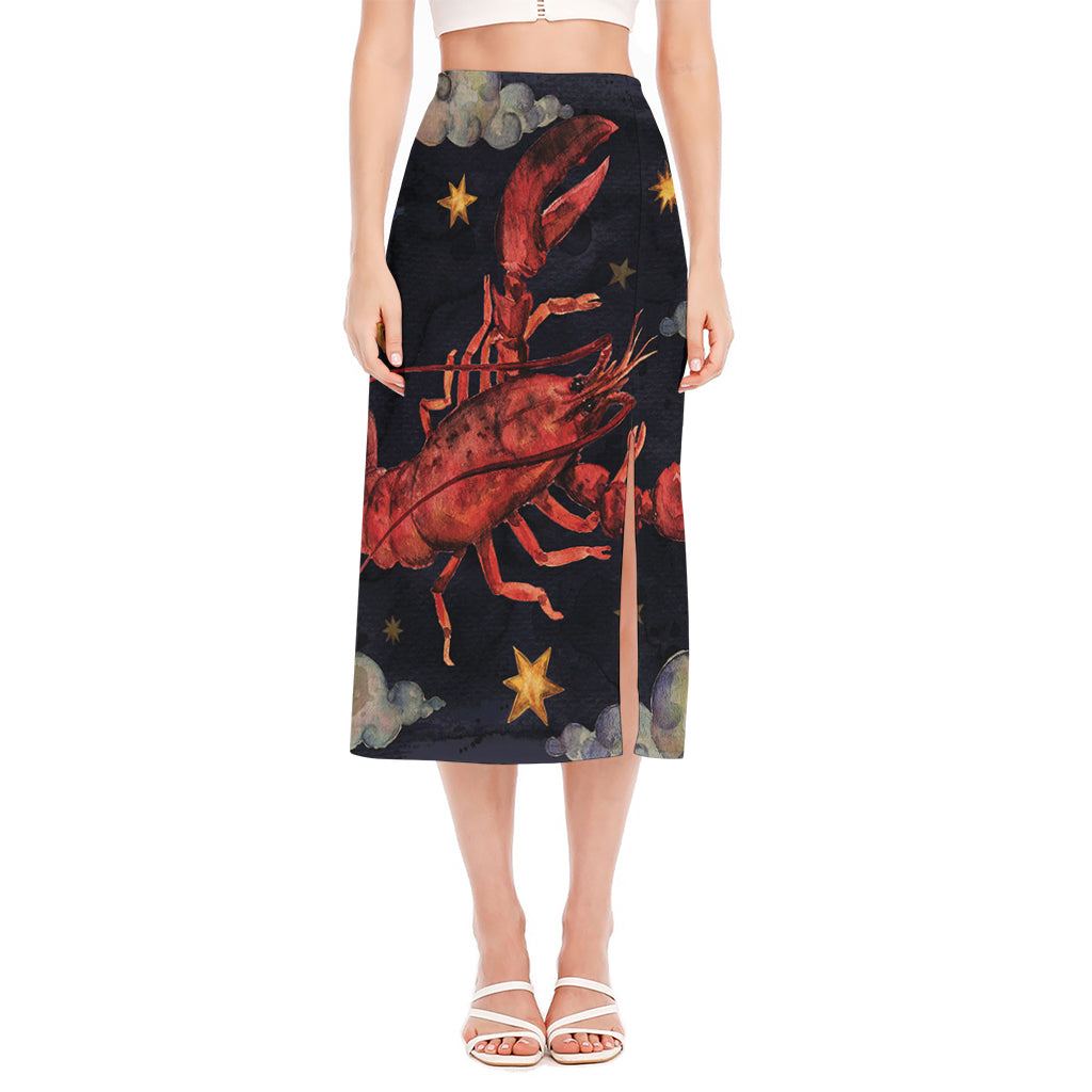 Watercolor Cancer Zodiac Sign Print Side Slit Midi Skirt