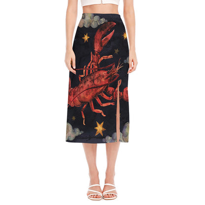 Watercolor Cancer Zodiac Sign Print Side Slit Midi Skirt