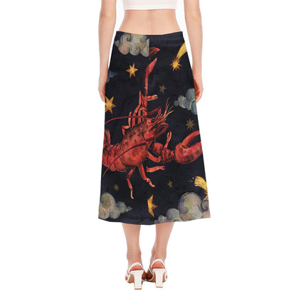 Watercolor Cancer Zodiac Sign Print Side Slit Midi Skirt