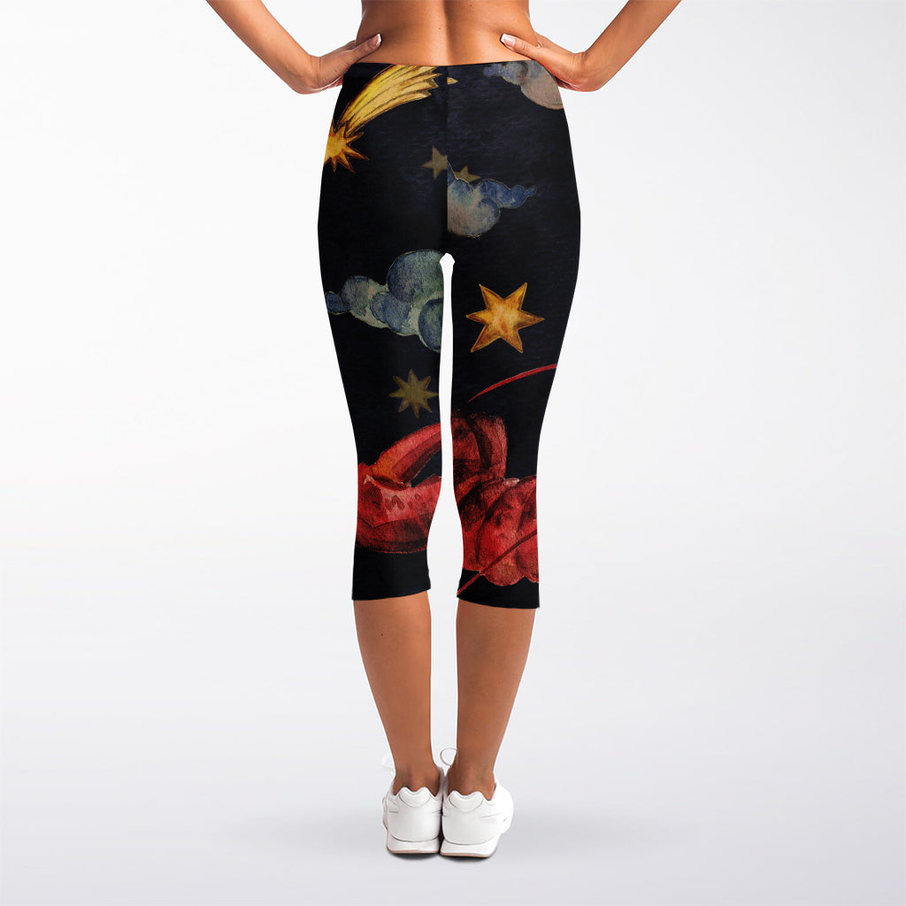 Watercolor Cancer Zodiac Sign Print Women's Capri Leggings