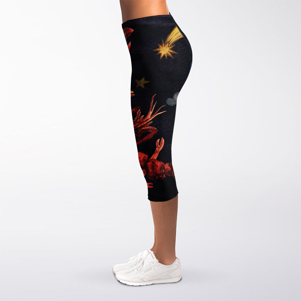 Watercolor Cancer Zodiac Sign Print Women's Capri Leggings